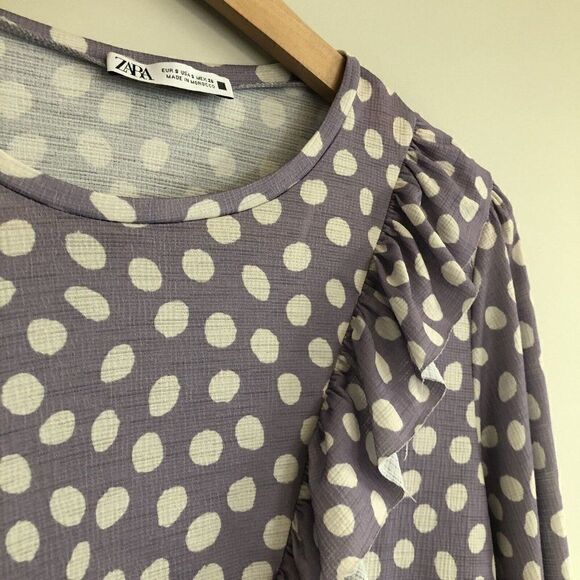 Zara Womens Midi Dress Small Purple White Polka Dot Stretch Ruffle Victorian - Picture 8 of 9